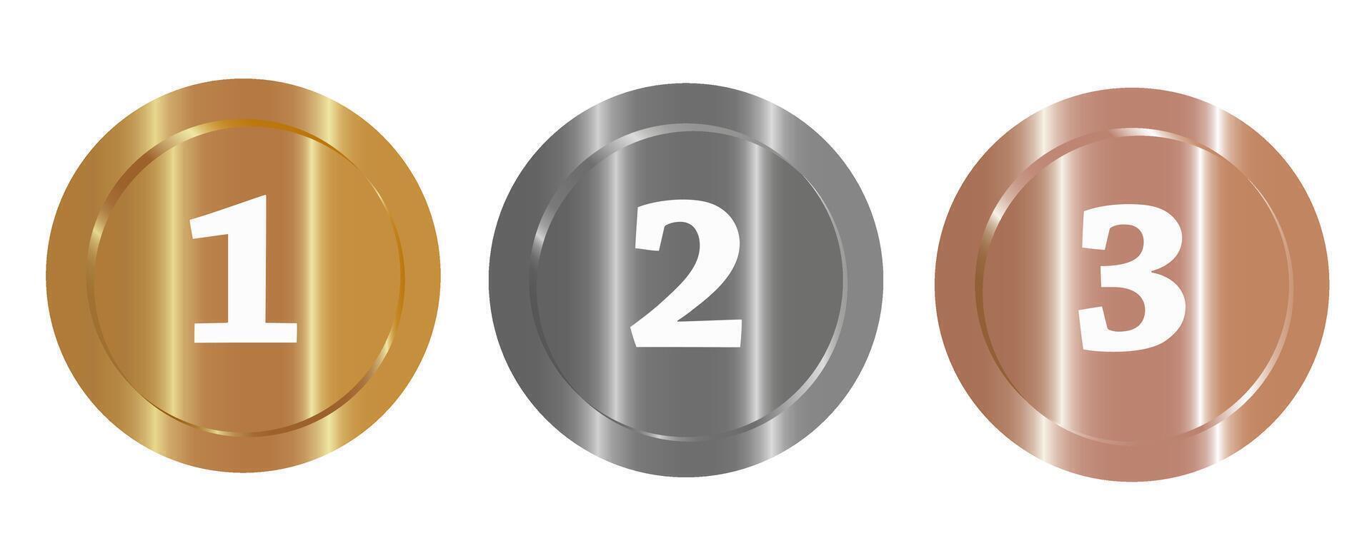 3 Medals of gold, silver and bronze metall vector
