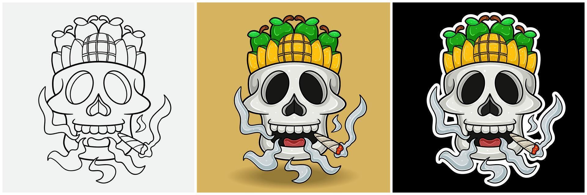Mango Fruit Inside Skull Head With Smoking Character Cartoon. Black White, Colorful and Sticker Style vector