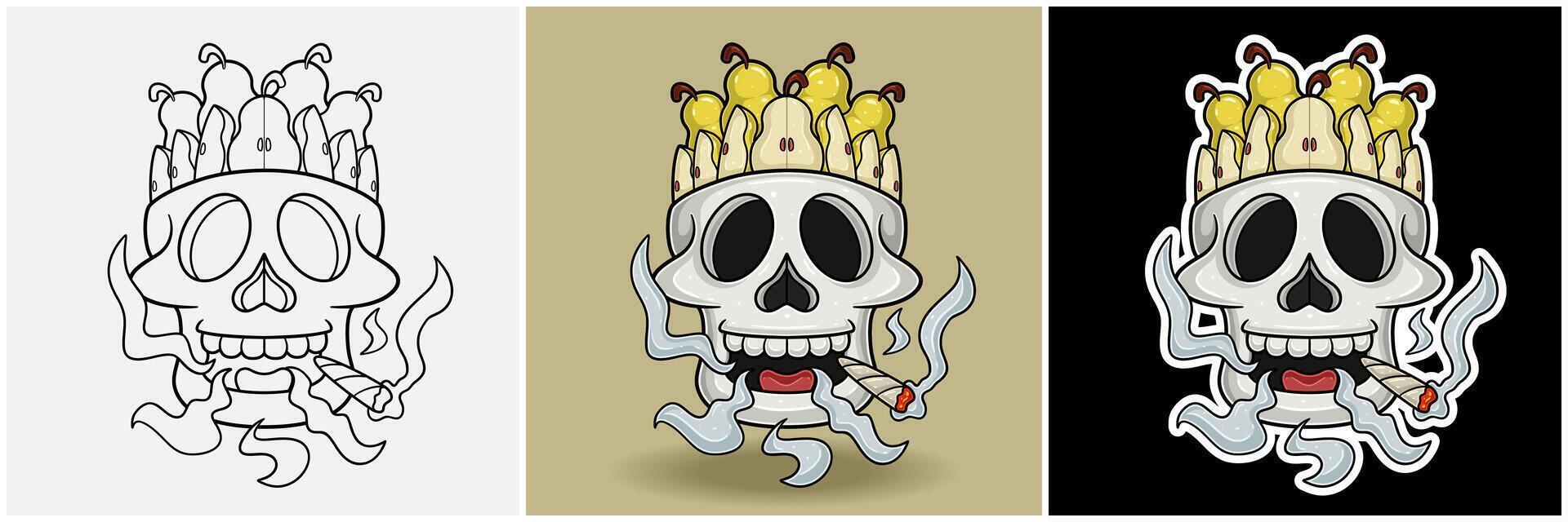 Pear Fruit Inside Skull Head With Smoking Character Cartoon. Black White, Colorful and Sticker Style. vector