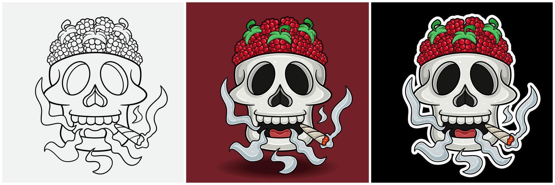 Raspberry Fruit Inside Skull Head With Smoking Character Cartoon. Black White, Colorful and Sticker Style vector
