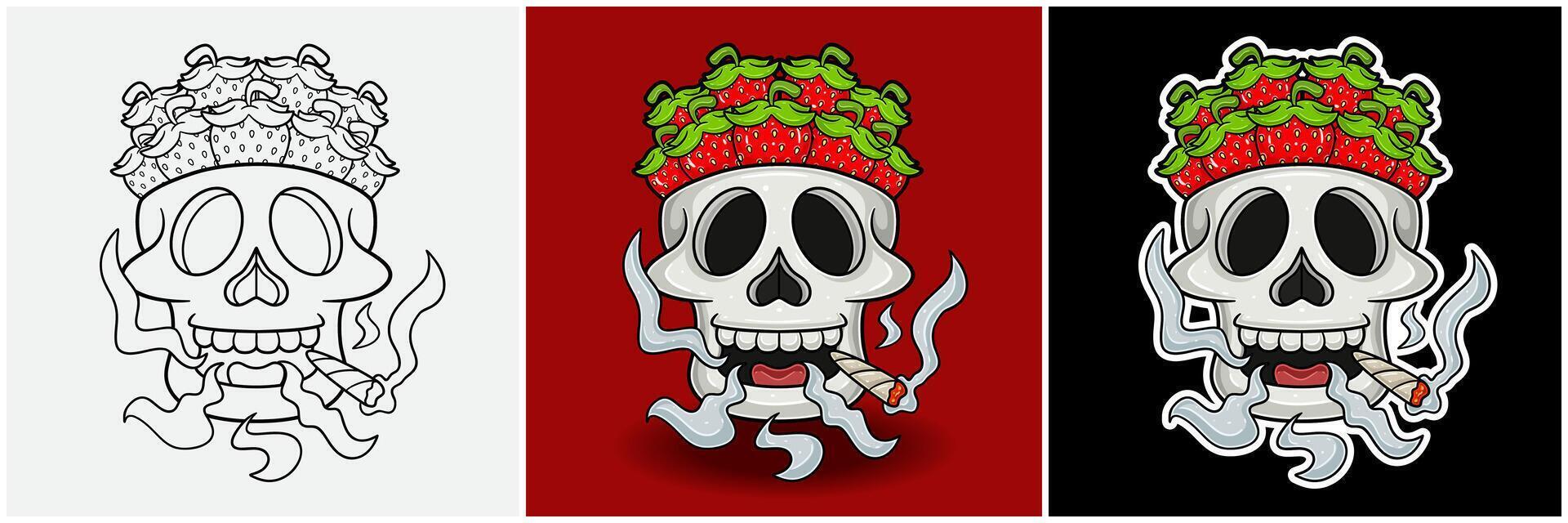 Strawberry Fruit Inside Skull Head With Smoking Character Cartoon. Black White, Colorful and Sticker Style vector