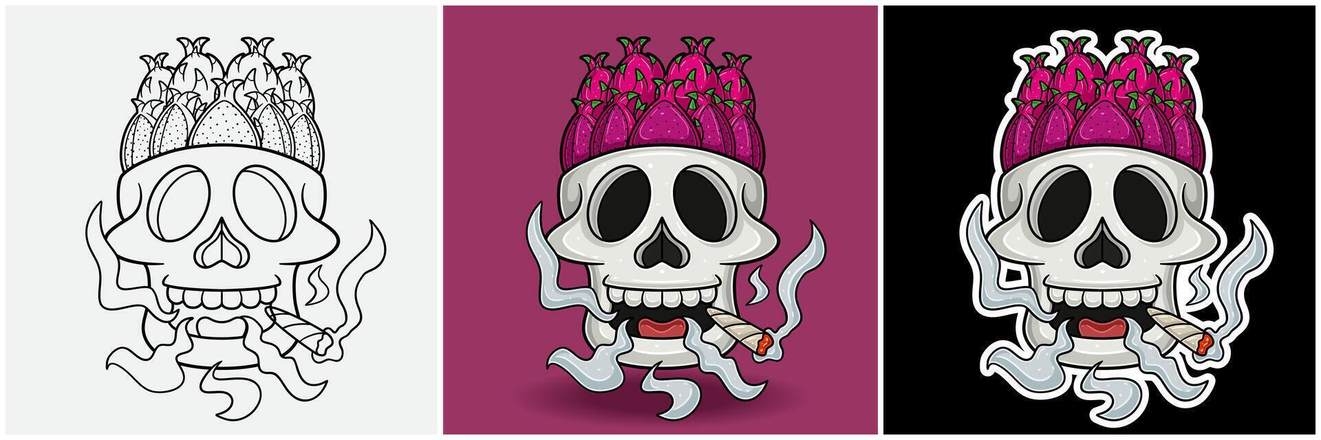 Dragon Fruit Inside Skull Head With Smoking Character Cartoon. Black White, Colorful and Sticker Style. vector