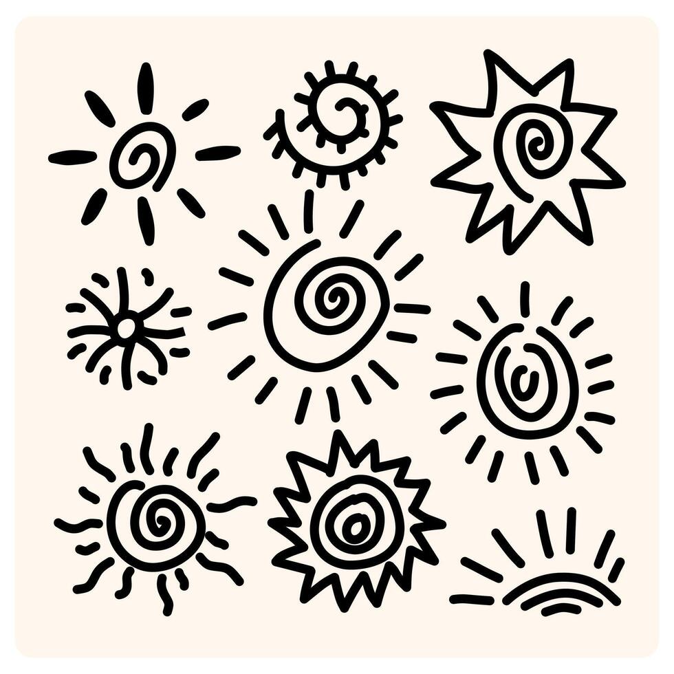 Sun Symbols and Spirals with doodle style vector