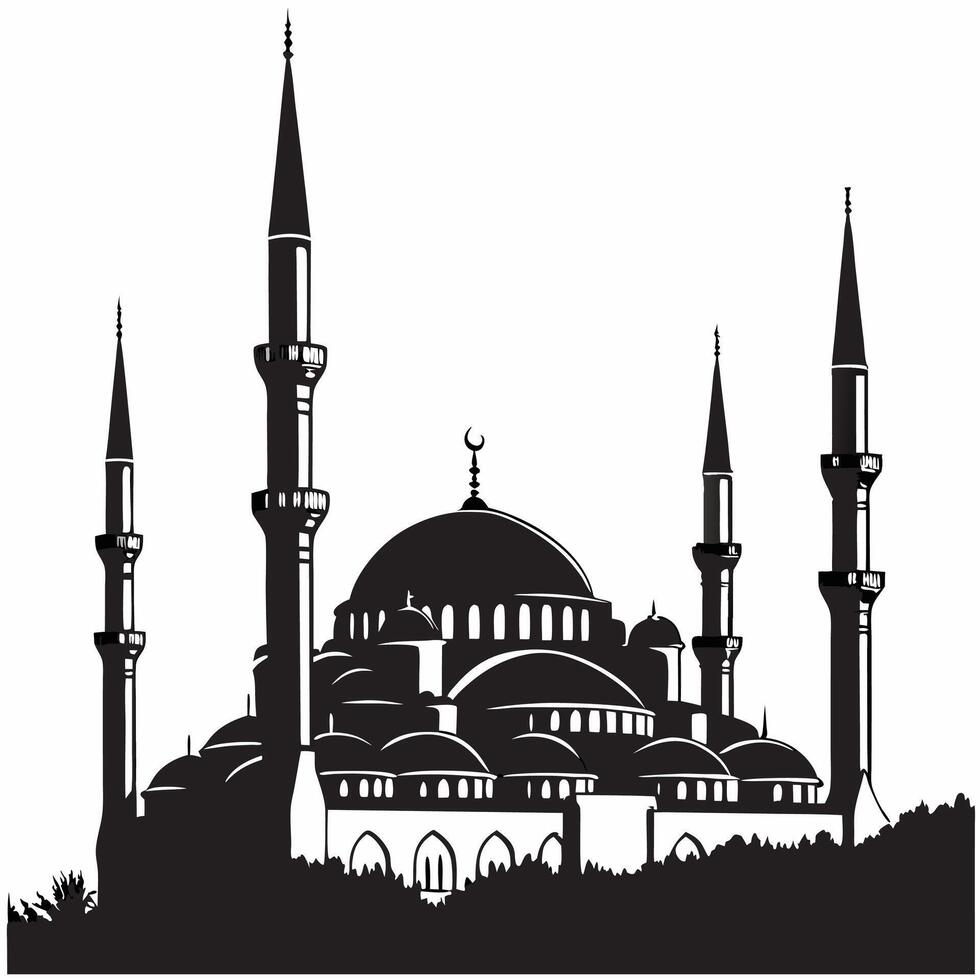 A striking silhouette of a traditional mosque featuring a large dome and tall minarets, symbolizing cultural and architectural significance. vector