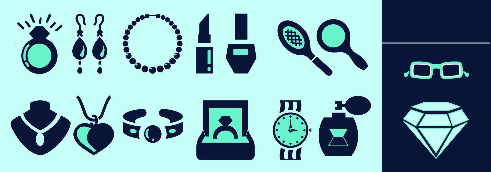 Fashion SOLID icon set. Jewellery and cosmetics, parfum, neckless, lipstick, nail polish, watch, engagement ring, diamond ring, earrings, hair brush, mirror. Editable elements, size and color. vector