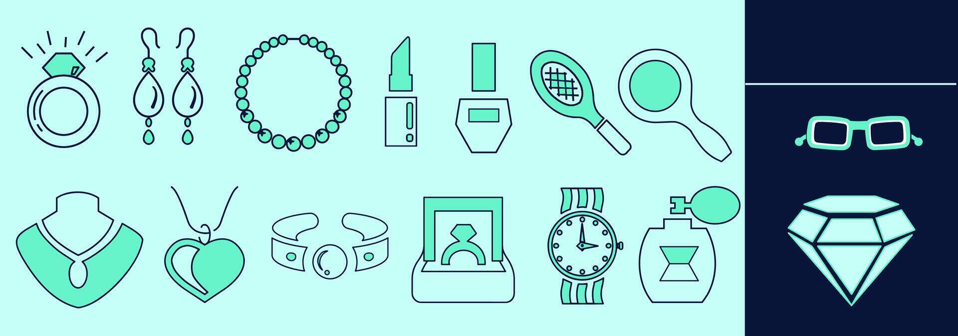Fashion LINE icon set. Jewellery and cosmetics, parfum, neckless, lipstick, nail polish, watch, engagement ring, diamond ring, earrings, hair brush, mirror. Editable elements, size and color. vector
