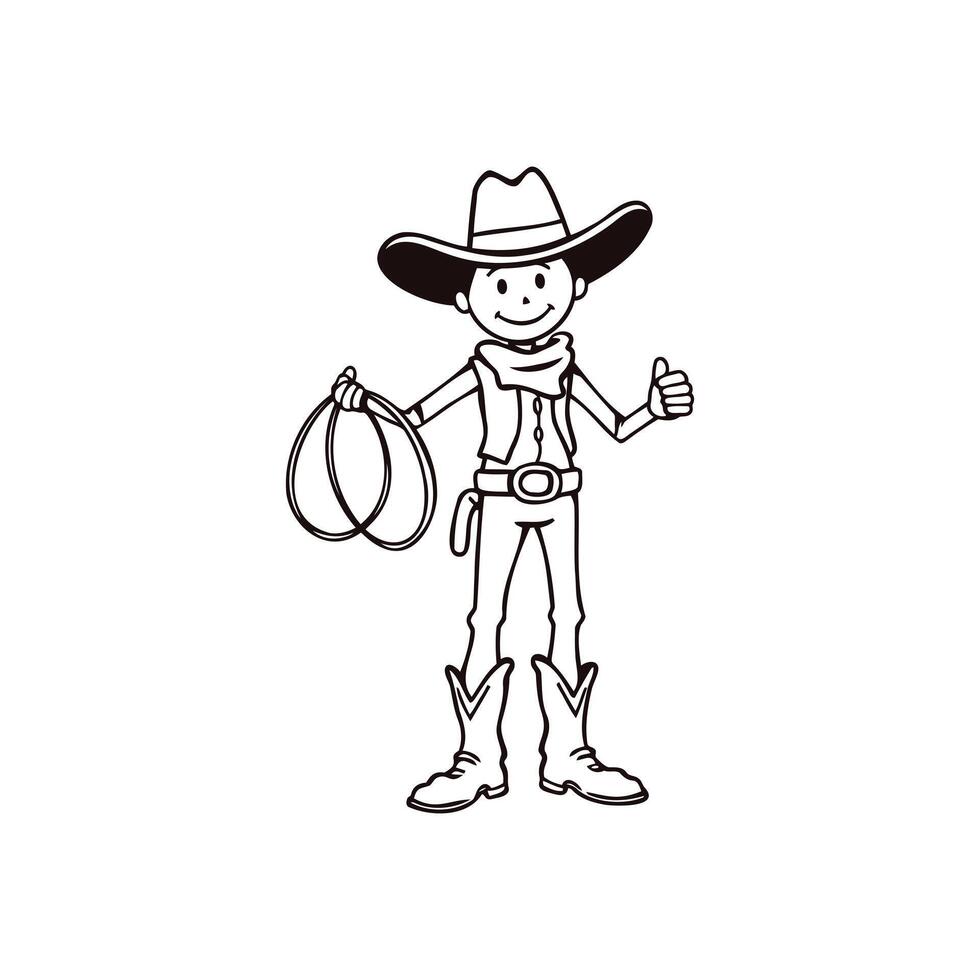 Happy Cowboy Running with Lasso - Line Art for Children's Books vector