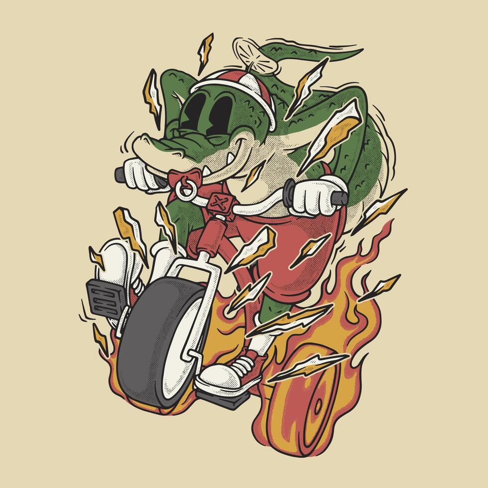 crocodile riding burning tricycle retro cartoon mascot vector