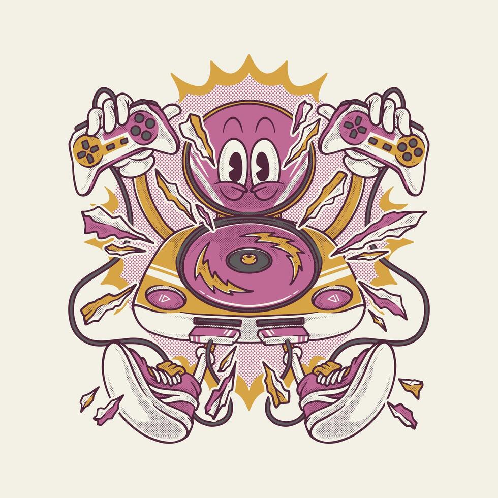 game console holding joystick in both hands retro cartoon mascot vector
