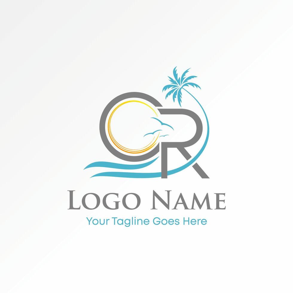 Logo design graphic concept creative premium stock image graphic initial CR font palm birds wave sunset island travel tourism exotic paradise vector