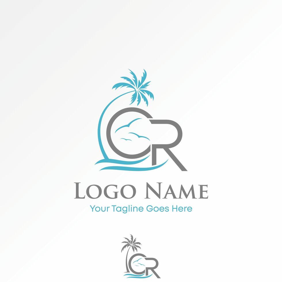 Logo design graphic concept creative premium stock image graphic initial CR font palm birds wave sunrise island travel tourism exotic paradise vector