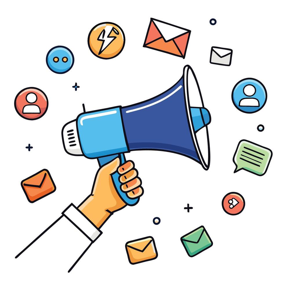 hand holding megaphone with icons around it vector