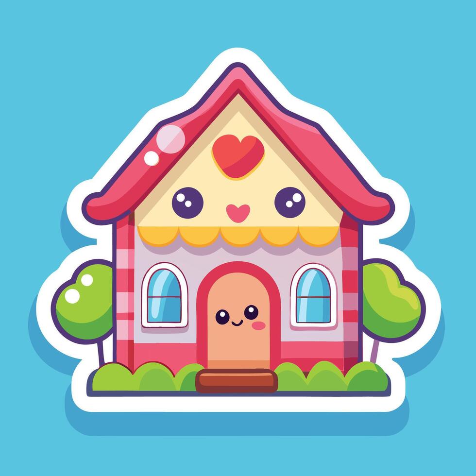 a cute house sticker with a heart on the vector