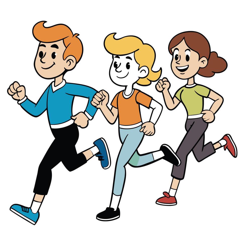 cartoon of three people running together vector