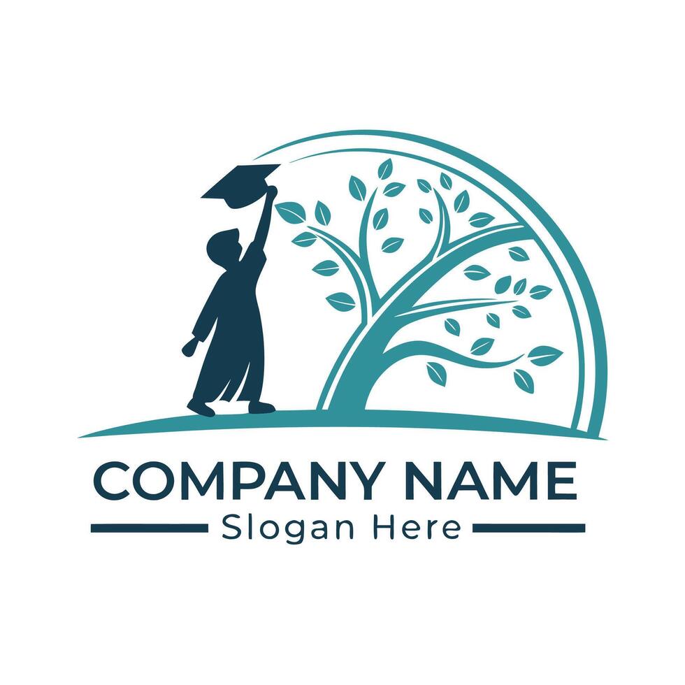 a logo for a company that is designed to look like a tree with a person holding a graduation vector