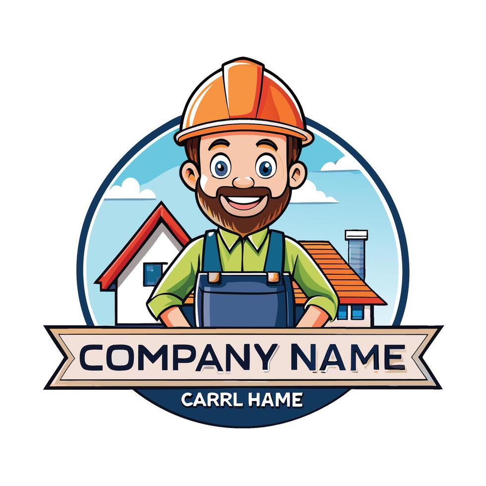 a cartoon man with a hard hat and overalls holding a sign that says company name vector