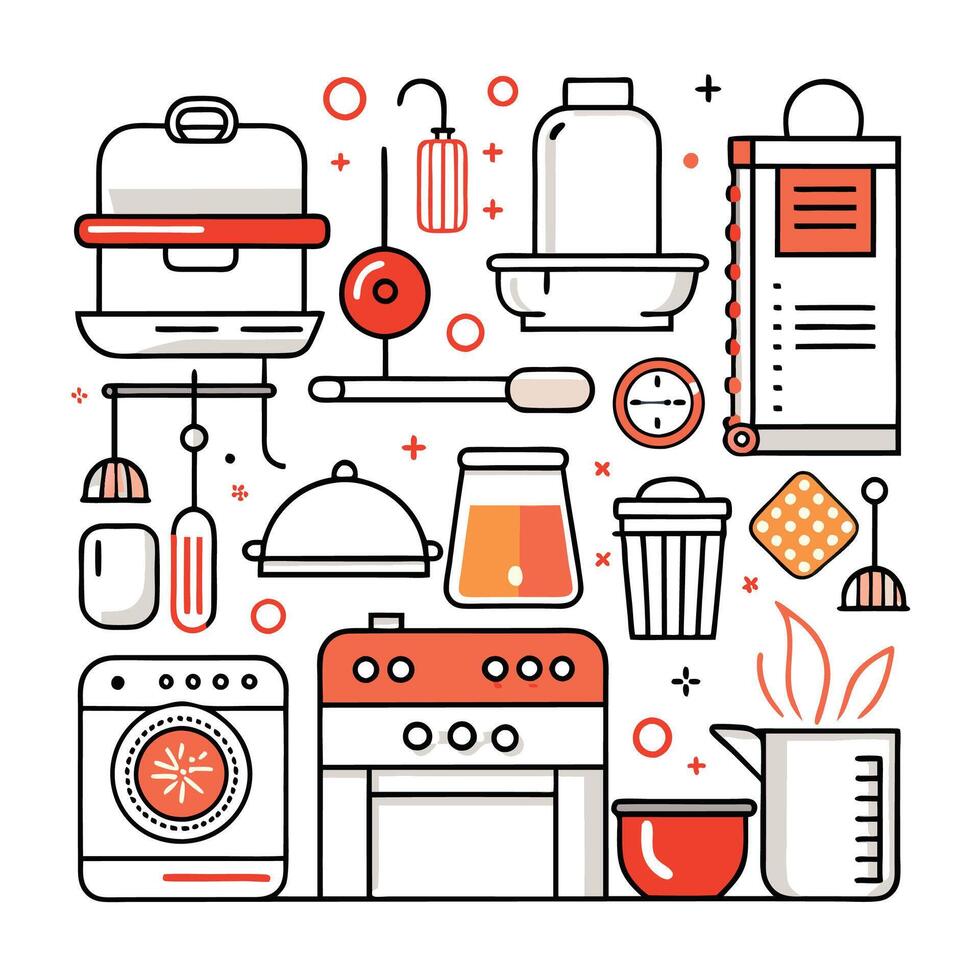 kitchen appliances and utensils line icon set vector