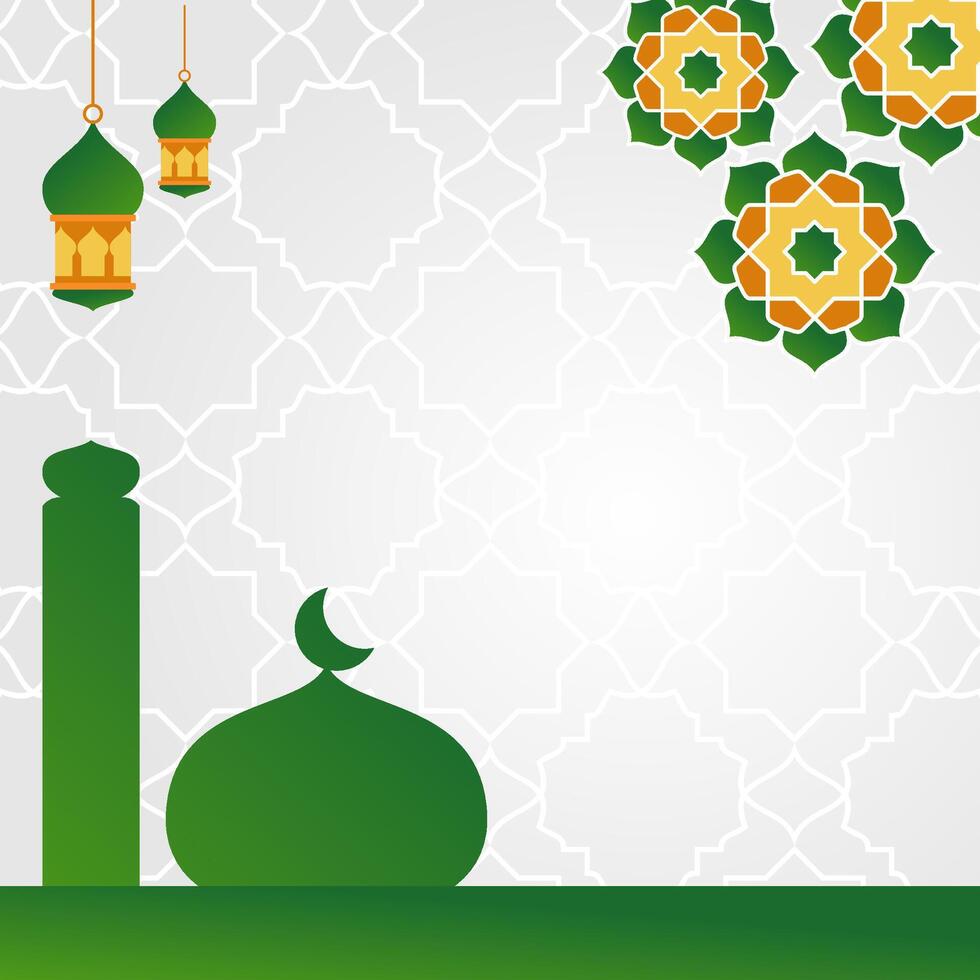 Ramadan poster with mosque silhouette, lantern and mandala. Free copyspace area design vector