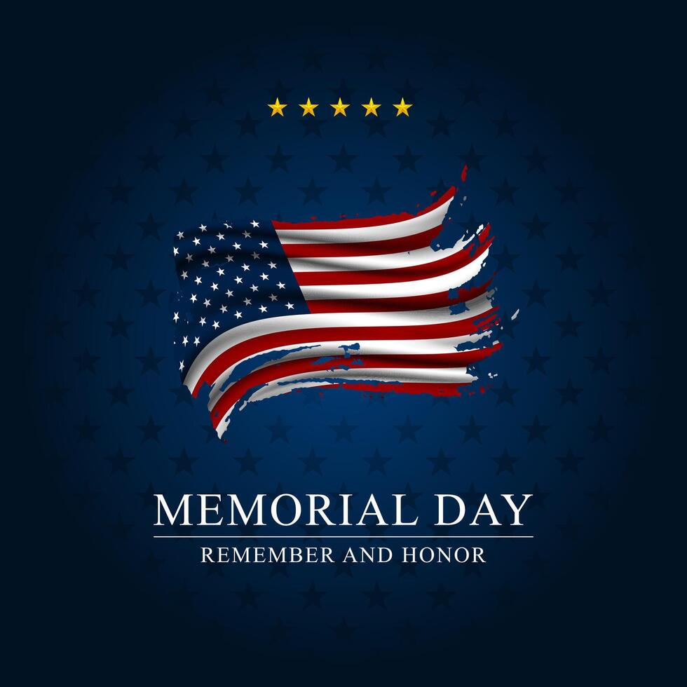 Memorial day background with remember and honor text below American flag and stars vector
