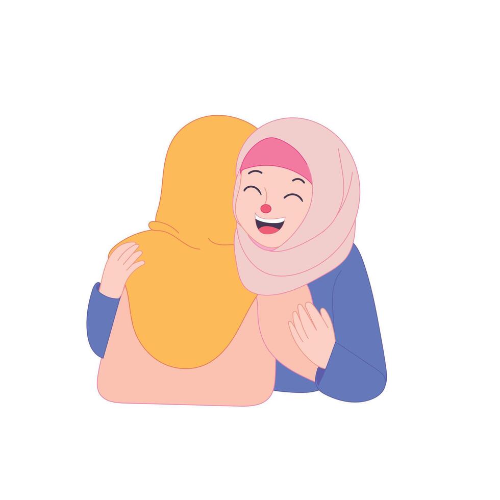 Two Muslim women hugging warmly, symbolizing forgiveness and joy during Eid al-Fitr celebration. vector