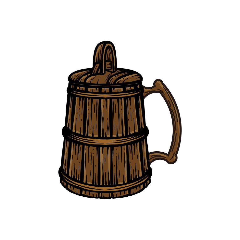 hand drawn illustration of a beer glass made of wood vector