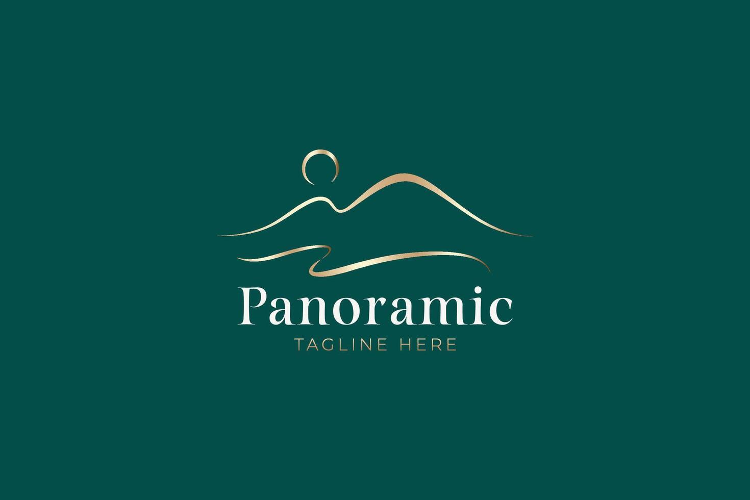 Minimalist Panoramic Luxury Logo Featuring Hills, River, and Sunrise in a Natural Landscape vector