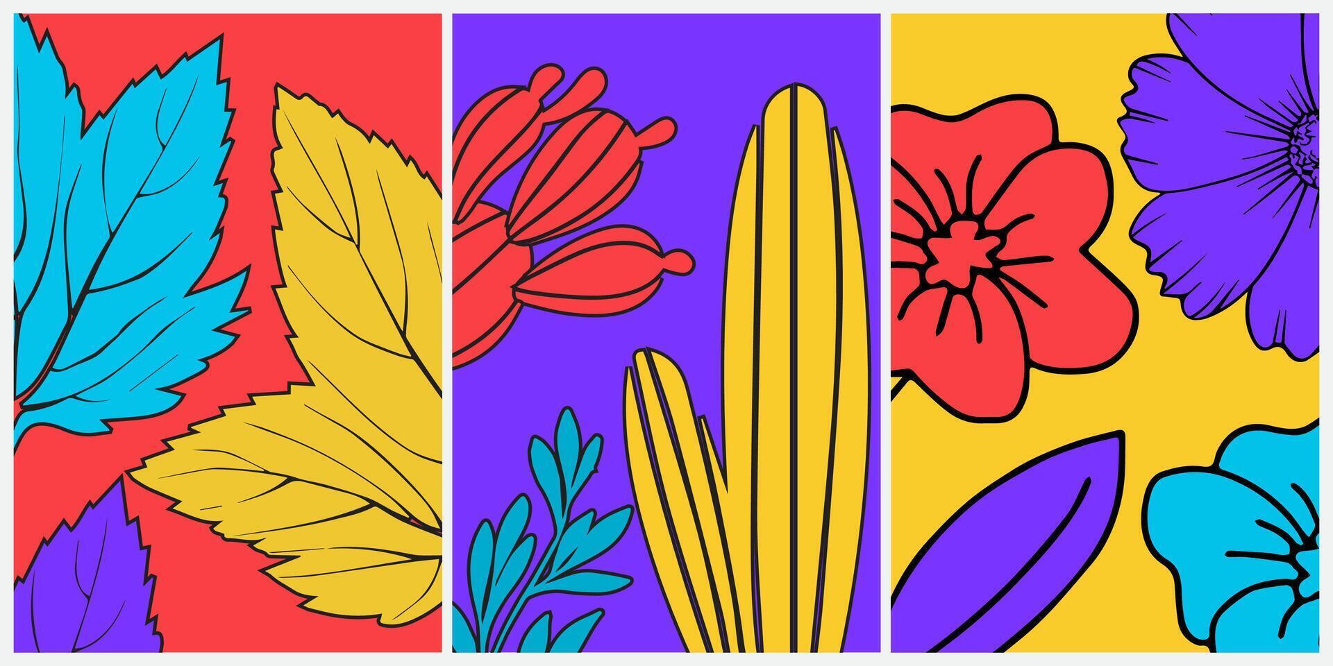 set of colorful floral poster card designs on a red, yellow and blue background vector