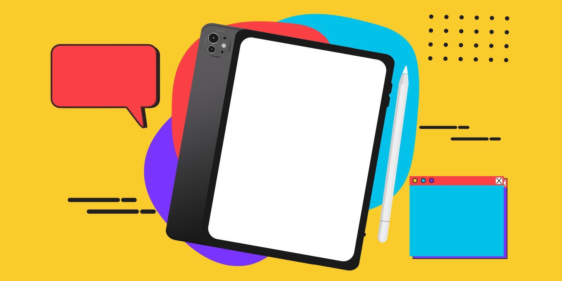 a smartphone with a blank screen and a tablet on pop art style background vector