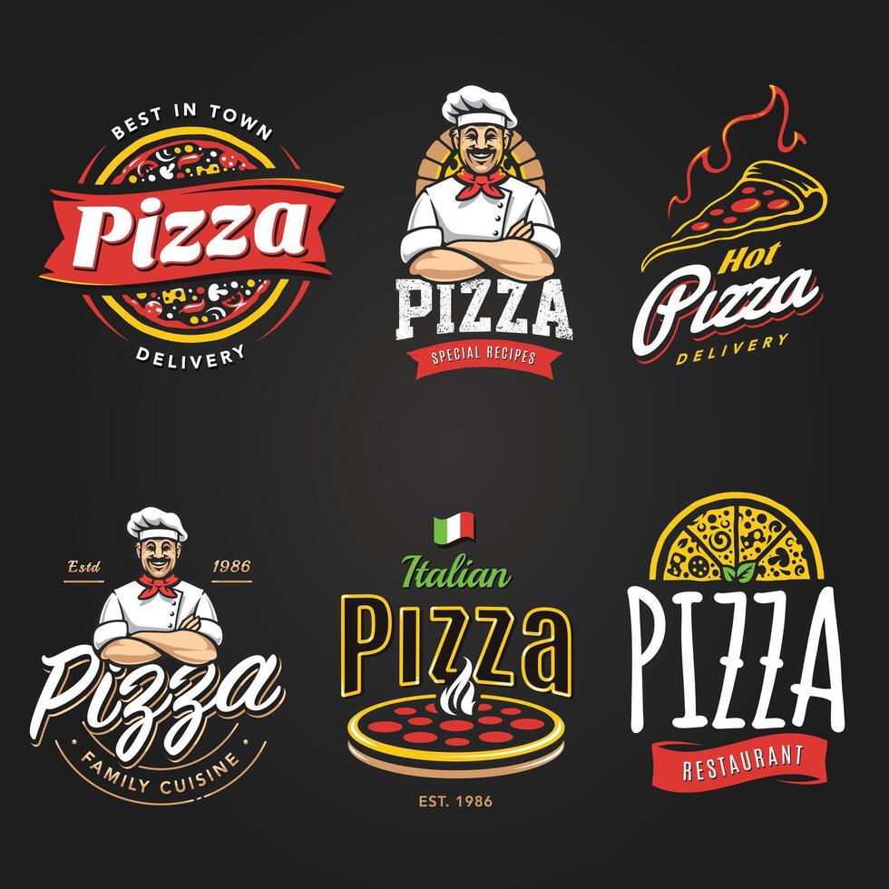 The collection of Pizza emblems, badges, elements, and icons. Pizzeria cafe, restaurant, or delivery vector