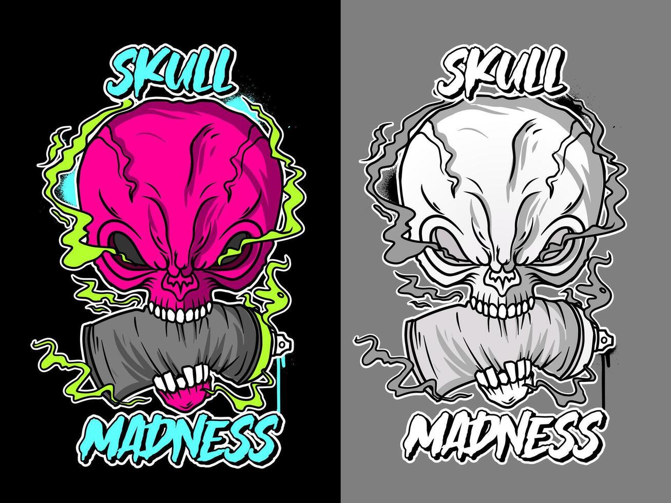 Skull zombie illustration in graffiti style. Zombie graffiti drawing in color and black and white version vector