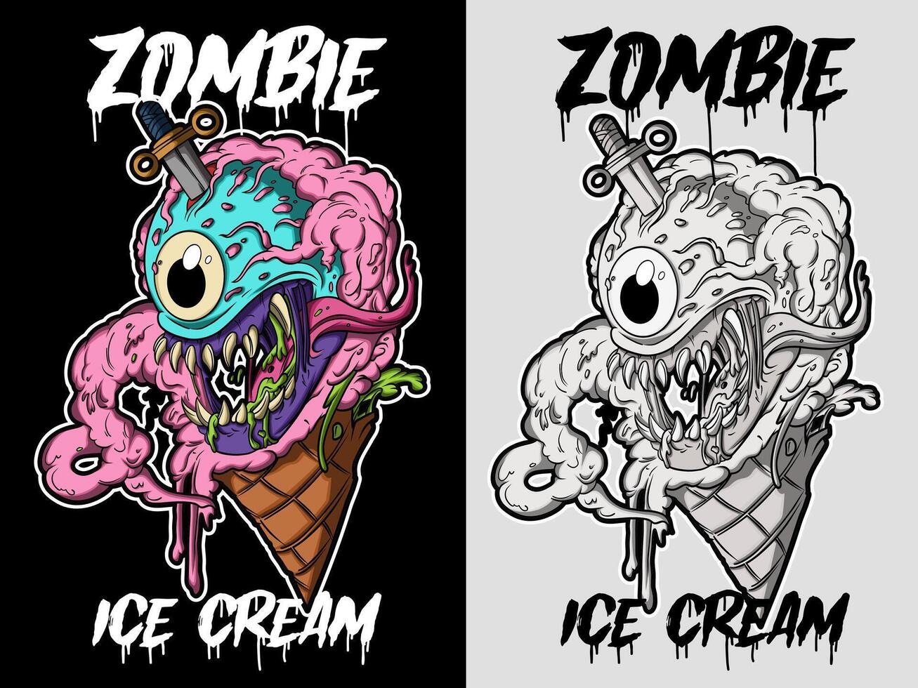 Ice cream zombie illustration in graffiti style. Zombie graffiti drawing in color and black and white version vector