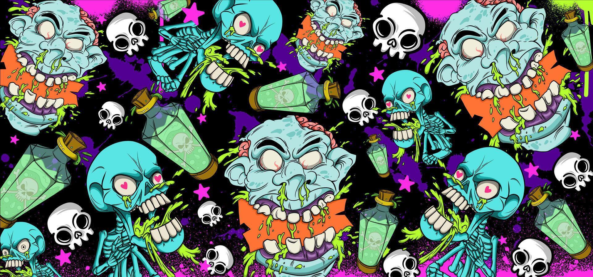 Zombie Head and Skeleton Halloween graffiti style illustration. Vibrant and colorful Zombie theme of graffiti art background vector