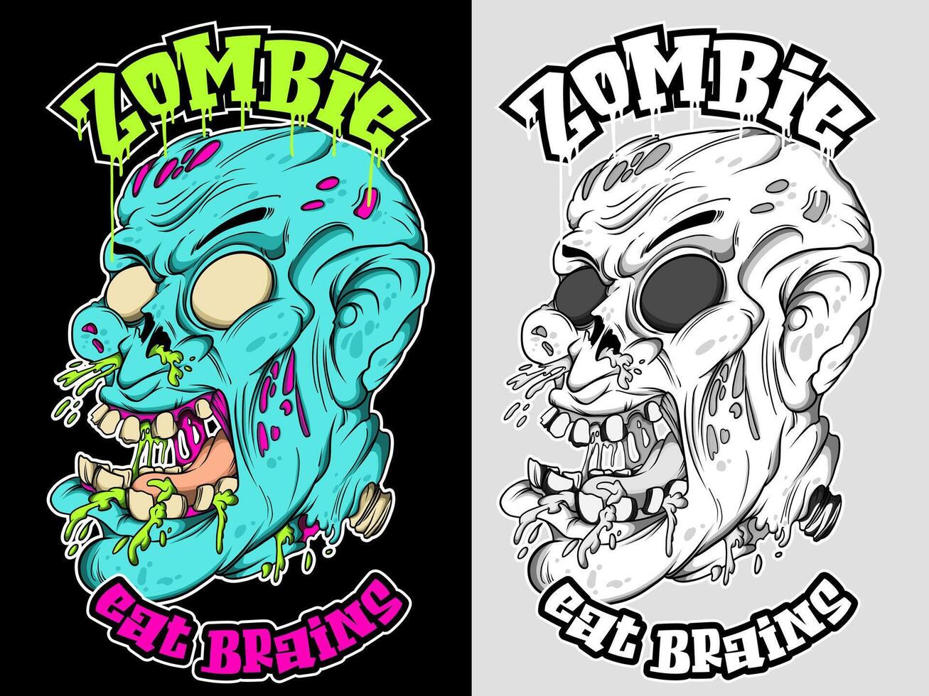 The zoombie head illustration in graffiti style. Zombie graffiti drawing in color and black and white version vector