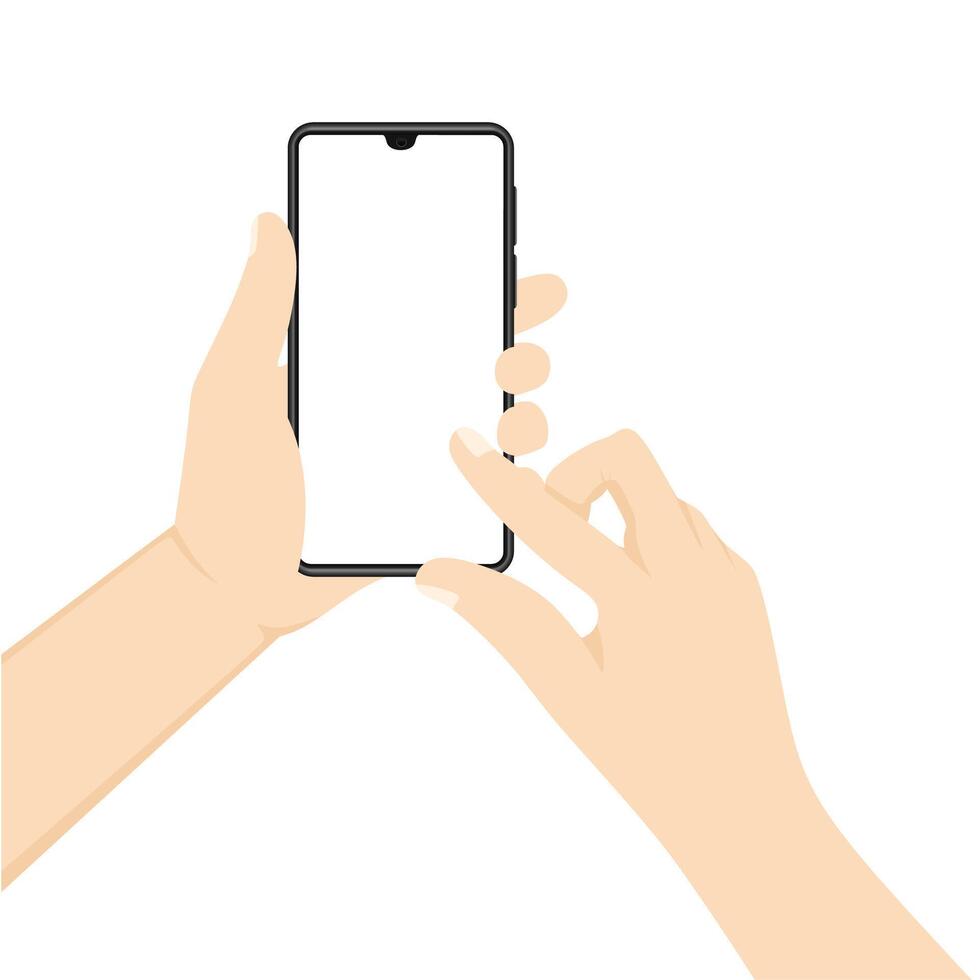 Hand holding mobile phone and touch screen with two finger illustration. vector
