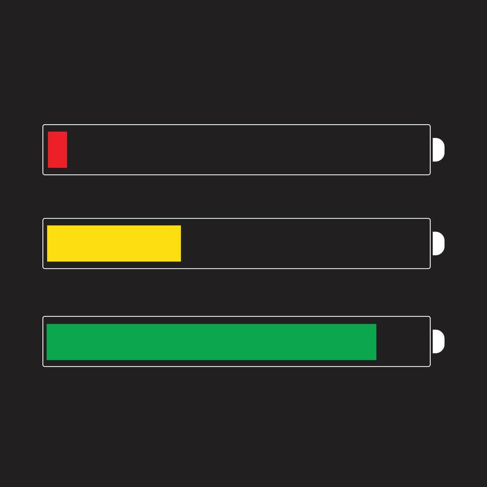 Minimalist Battery Indicators with Color-Coded Progress Bars on Dark Background vector