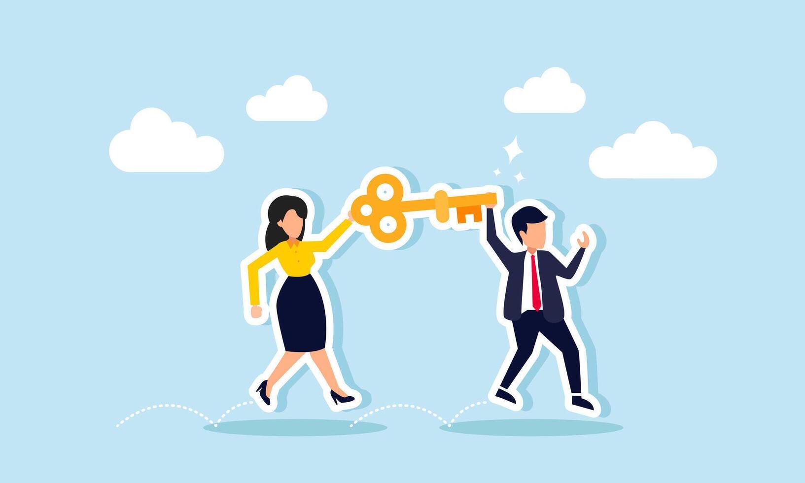 A businessman and businesswoman together carry a key with joy, illustration of a joint venture or business collaboration to find business solutions vector