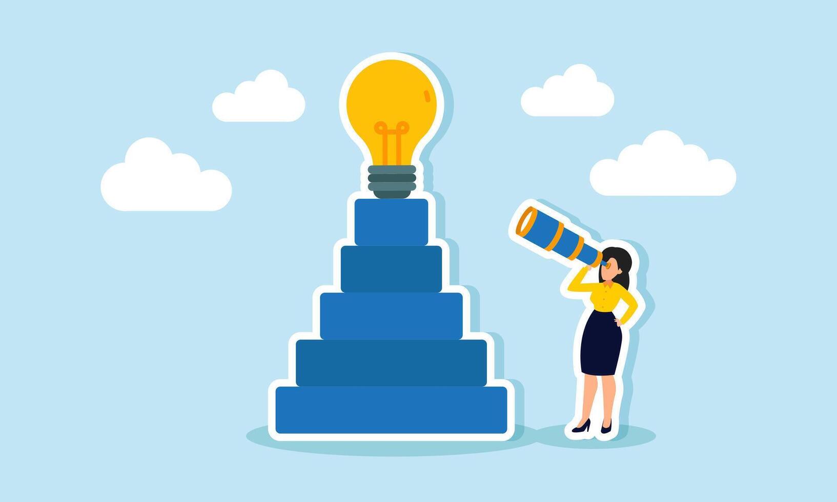 A businesswoman peers at a lit lamp atop a stack of blocks, illustration of observing and analyzing opportunities for implementing business ideas and innovations vector