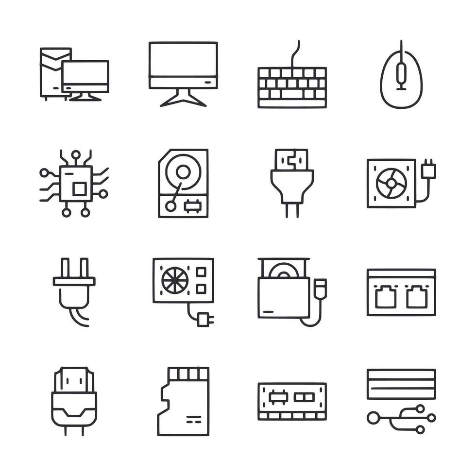 A set of computer icons including a keyboard, mouse, and monitor vector