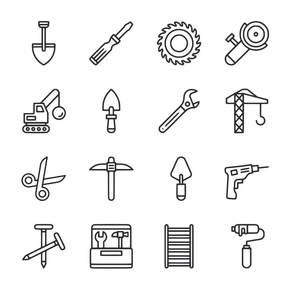 A set of tools and equipment, including a hammer, a saw, and a wrench vector