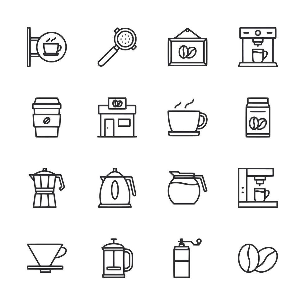 Coffee shop icons include a coffee maker, coffee cup, and a sign vector