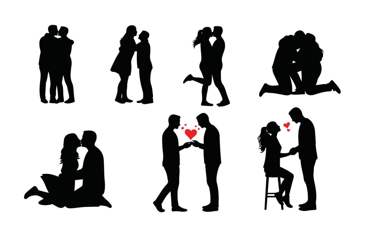 Romantic Couple Silhouettes with Hearts vector