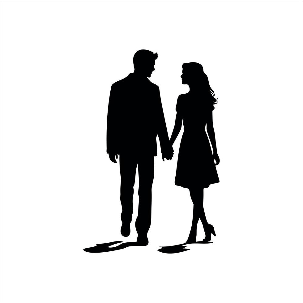 Silhouette of a Couple Holding Hands in Elegant Black and White Profile View for Romantic Graphic Design vector