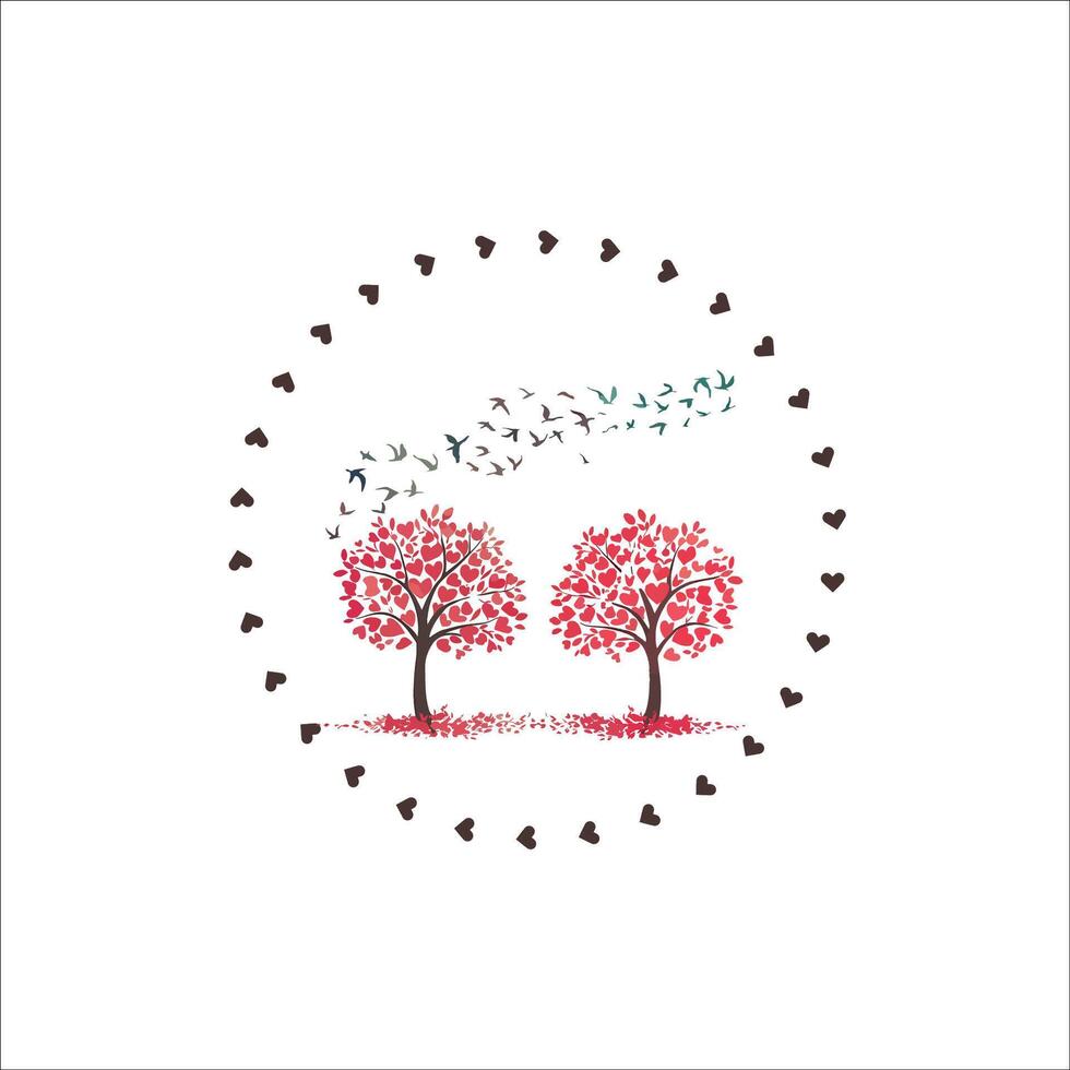 Nature Inspired Illustration with Heart Shaped Tree Leaves and Birds vector