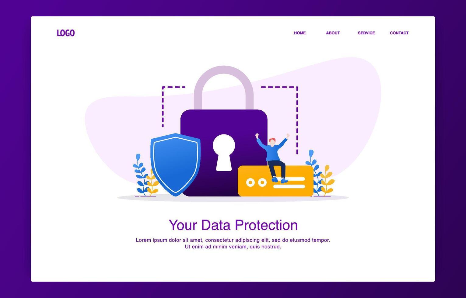 cheerful man sitting on the external hard disk with padlock and shield vector