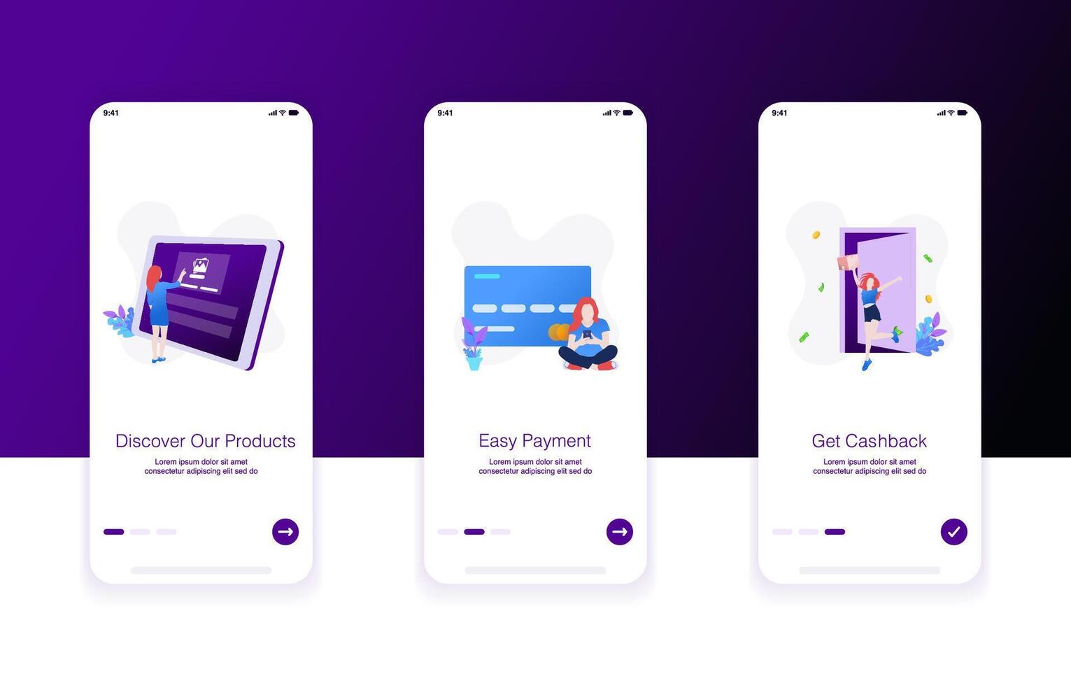 e-commerce onboarding screen. Discover our product, easy payment, get cashback vector