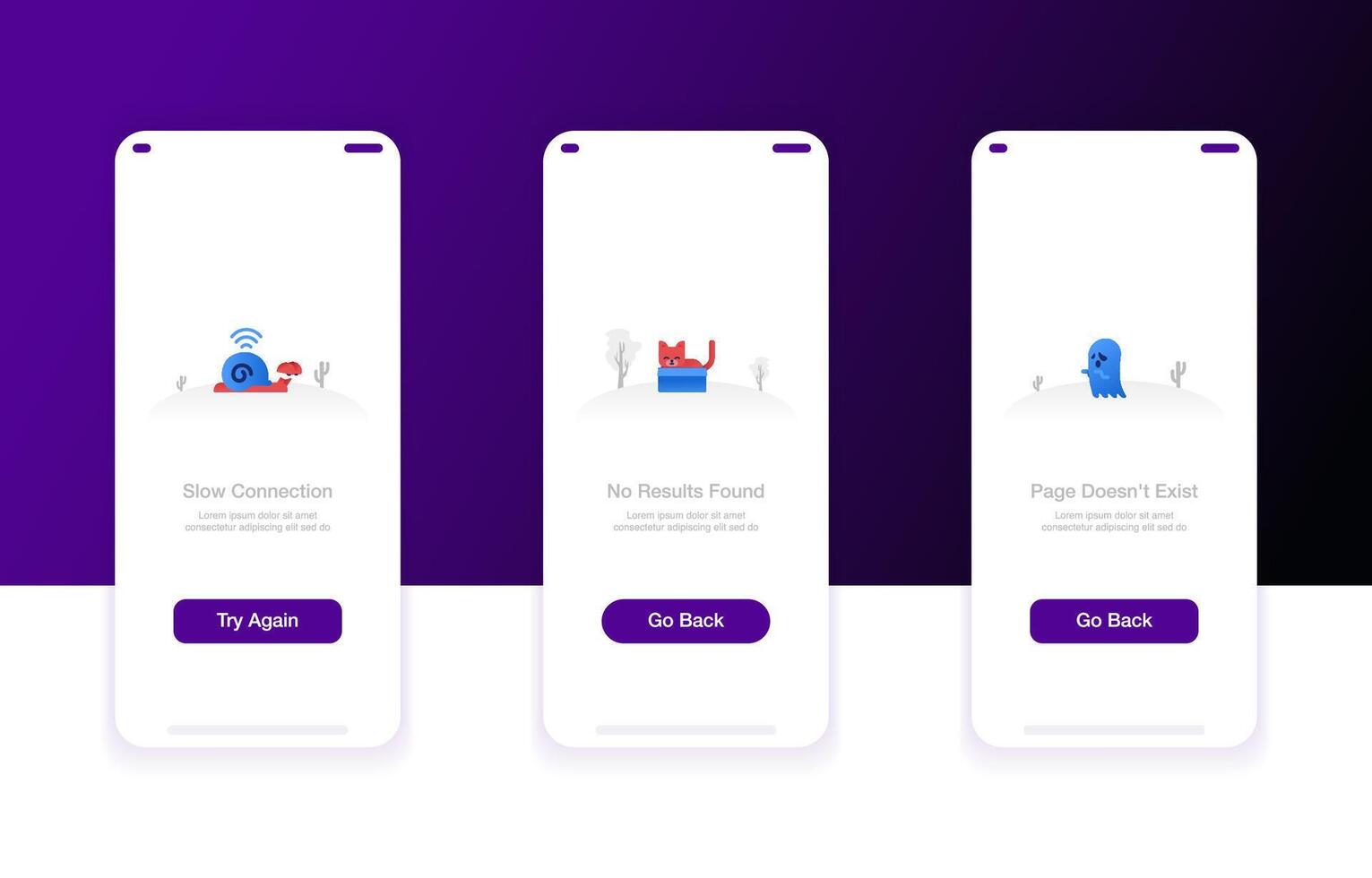 onboarding screens or empty states. Slow connection, no result found, page doesn't exist vector