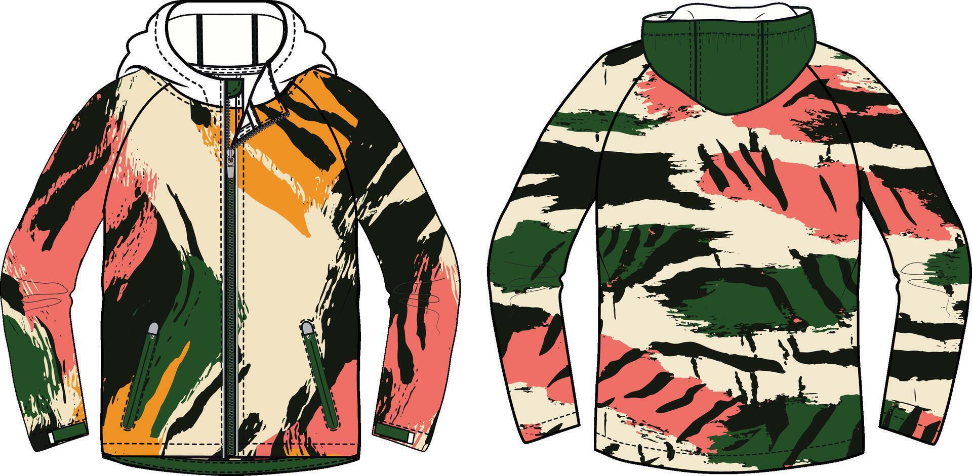 A graphic design of an oversized windbreaker with multiple patterns in green, pink, and orange on a white background. vector