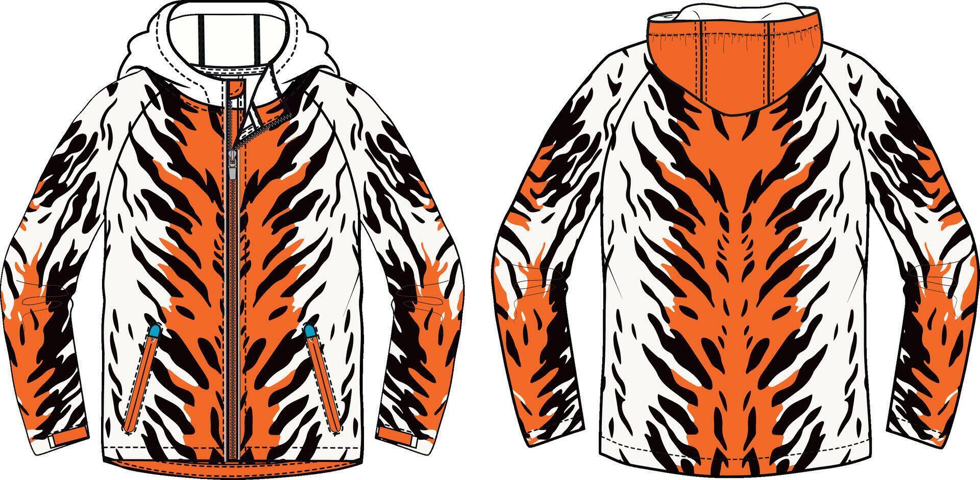 design of an orange and black tiger-stripe pattern on the front, back, and sleeves of a hooded jacket with a white background. vector