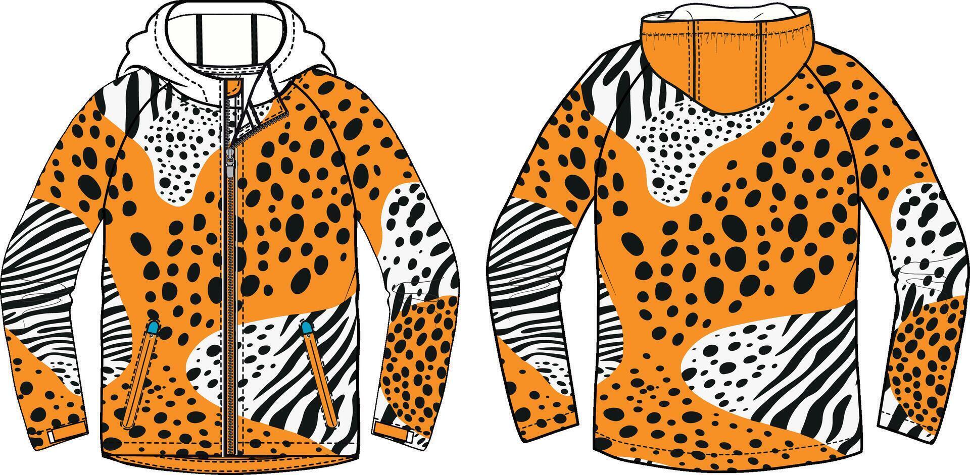 Design a vectorized hoodie with a tiger stripe pattern, showing front and back views. vector