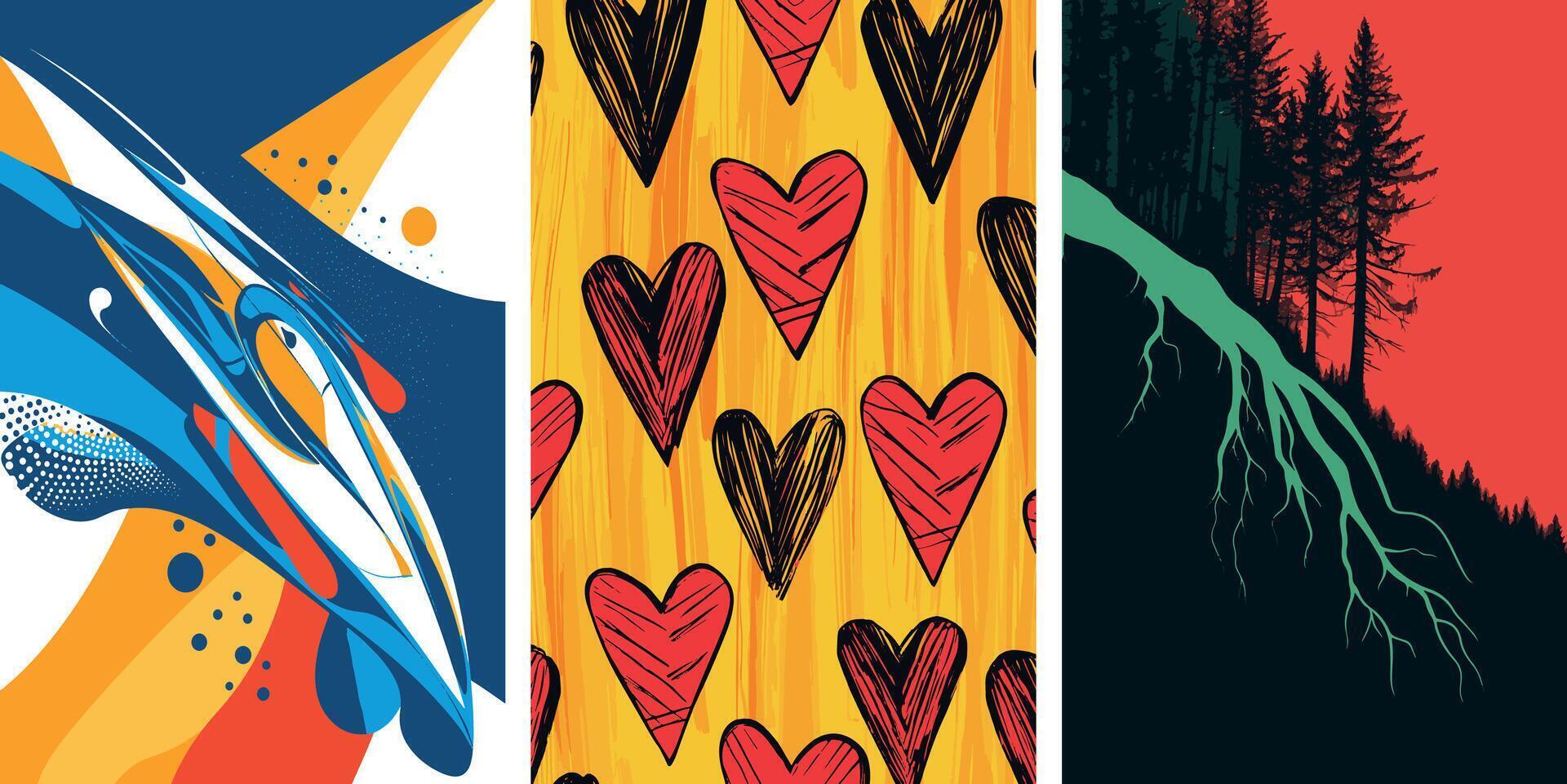 A series of three designs featuring heart patterns in bold, contrasting colors on each panel, vector